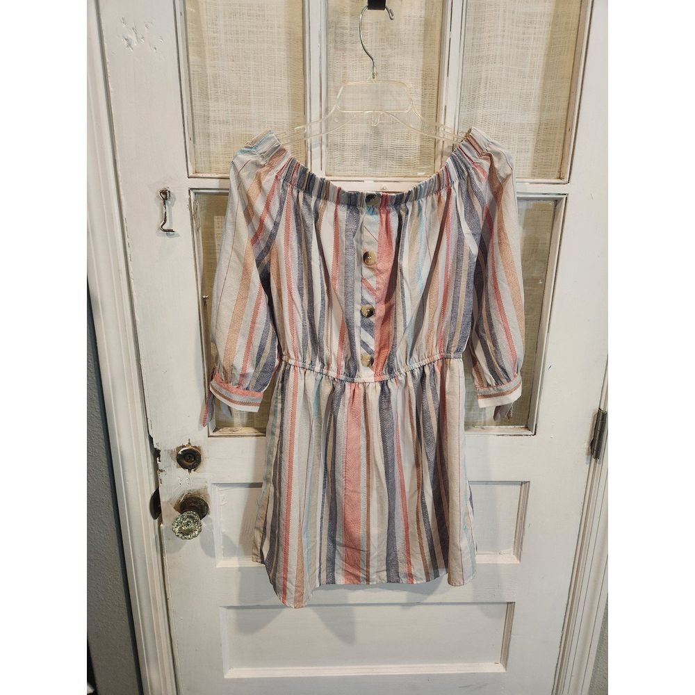 A Hint of Blush Striped off shoulder button front‎ dress womens size medium